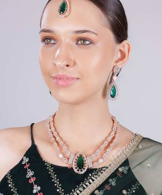 Green rose gold premium designer american diamond and stone work necklace set 1