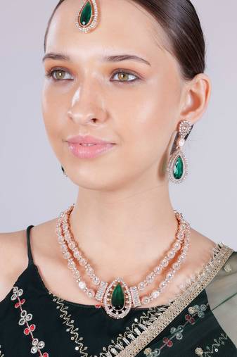 Green rose gold premium designer american diamond and stone work necklace set