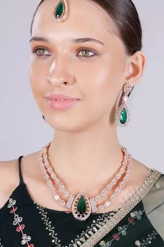 Green rose gold premium designer american diamond and stone work necklace set