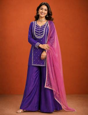 Purple silk blend embroidered palazzo set 3