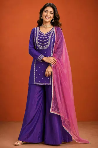 Purple silk blend embroidered palazzo set