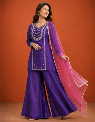Purple silk blend embroidered palazzo set 1