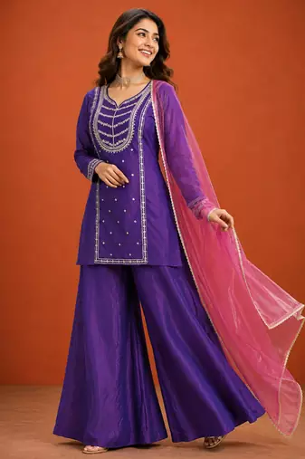 Purple silk blend embroidered palazzo set