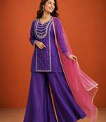 Purple silk blend embroidered palazzo set