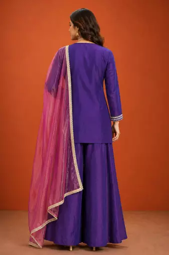 Purple silk blend embroidered palazzo set