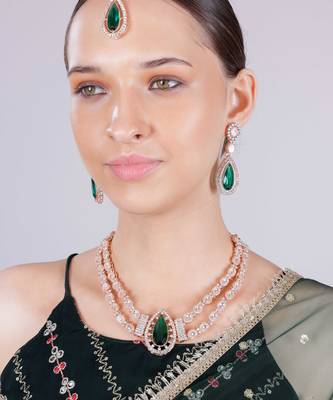Green rose gold premium designer american diamond and stone work necklace set 2