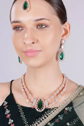 Green rose gold premium designer american diamond and stone work necklace set
