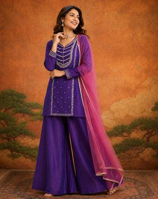 Purple silk blend embroidered palazzo set 5