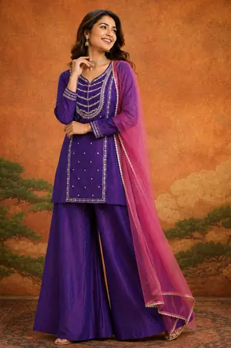 Purple silk blend embroidered palazzo set