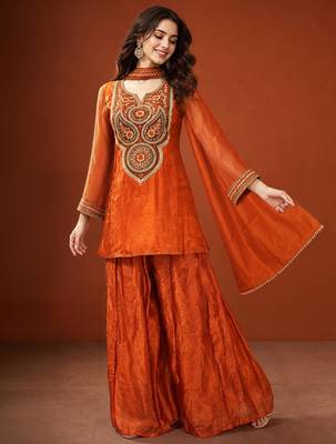 Orange silk blend embroidered palazzo set 1