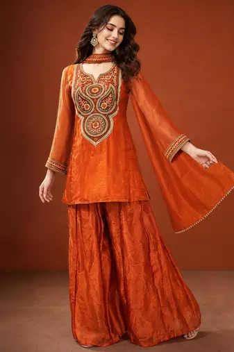 Orange silk blend embroidered palazzo set