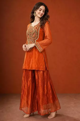 Orange silk blend embroidered palazzo set