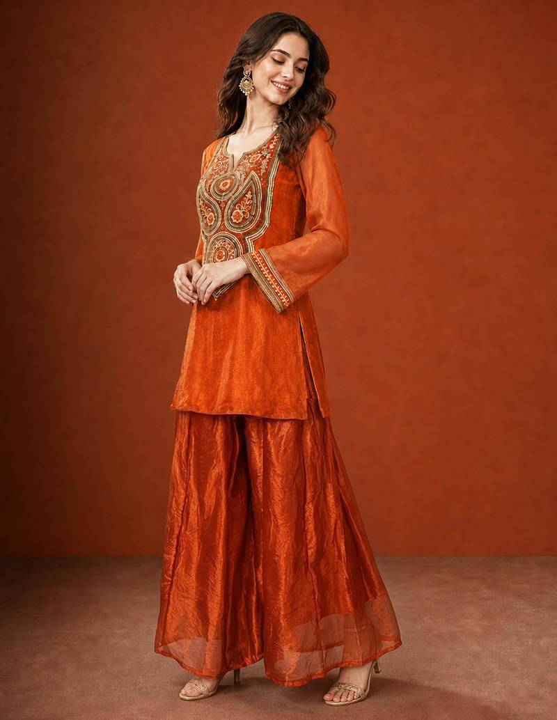 Orange silk blend embroidered palazzo set