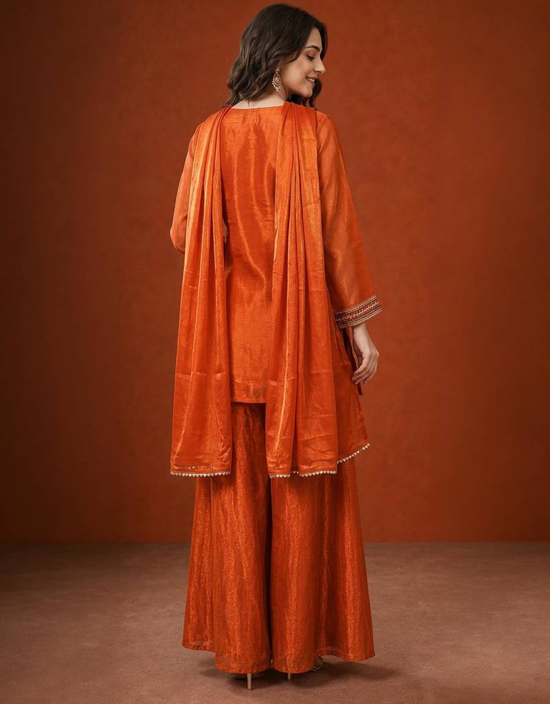 Orange silk blend embroidered palazzo set