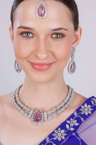 Purple rhodium premium designer american diamond and stone work necklace set