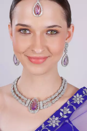 Purple rhodium premium designer american diamond and stone work necklace set
