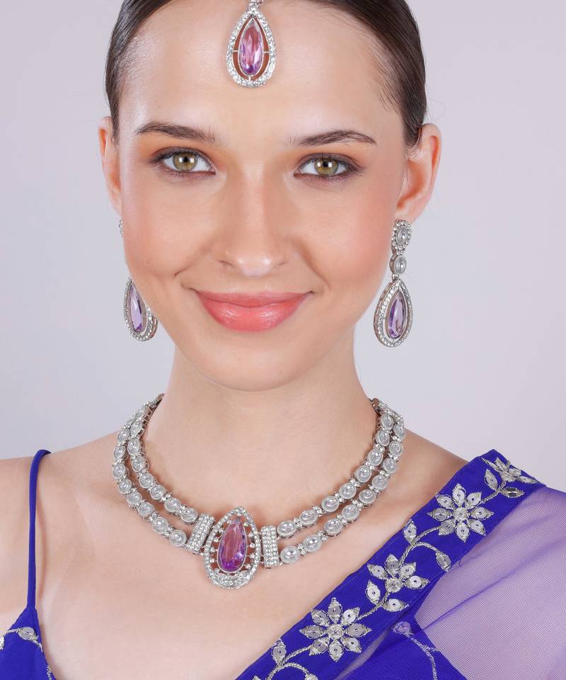 Purple rhodium premium designer american diamond and stone work necklace set