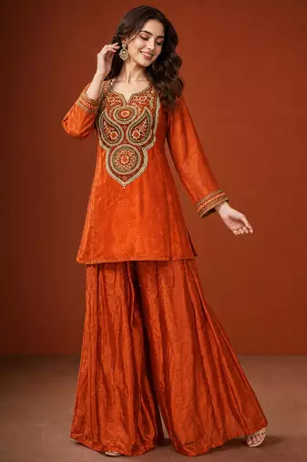 Orange silk blend embroidered palazzo set