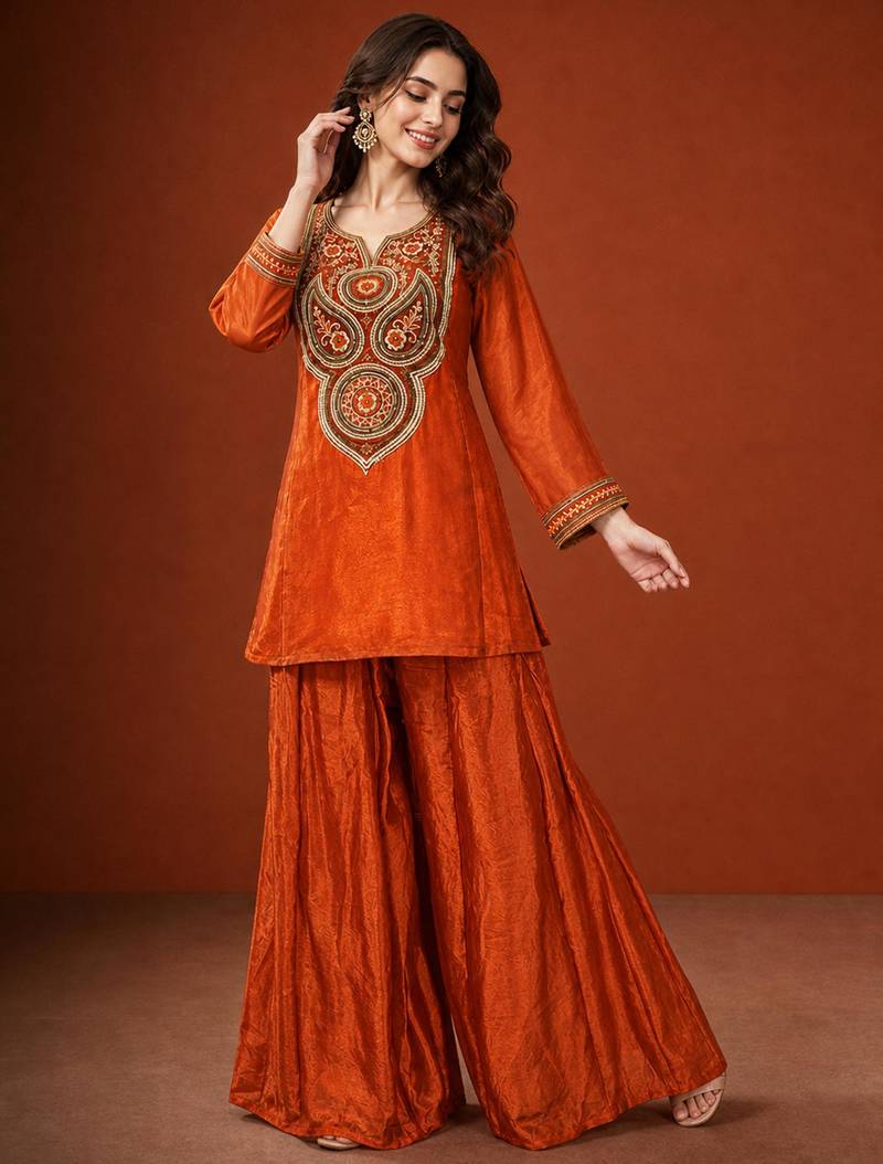 Orange silk blend embroidered palazzo set