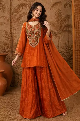Orange silk blend embroidered palazzo set