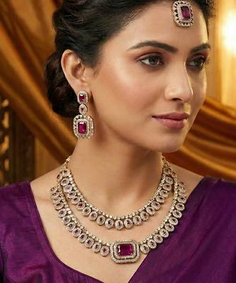 Purple yellow gold premium designer american diamond and stone work necklace set 1
