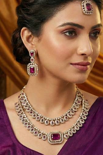 Purple yellow gold premium designer american diamond and stone work necklace set