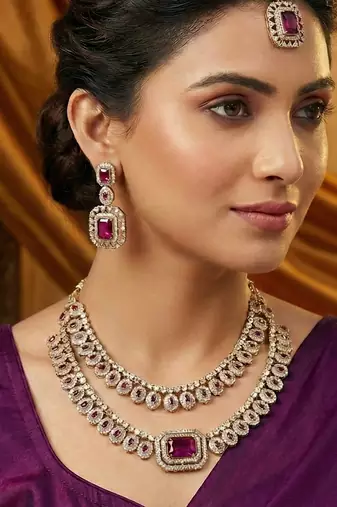 Purple yellow gold premium designer american diamond and stone work necklace set
