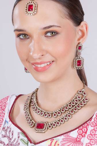 Pink yellow gold premium designer american diamond and stone work necklace set