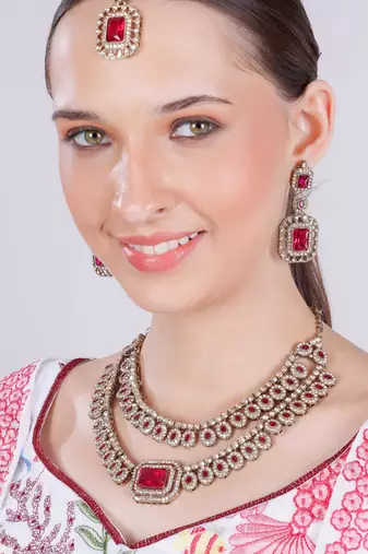 Pink yellow gold premium designer american diamond and stone work necklace set