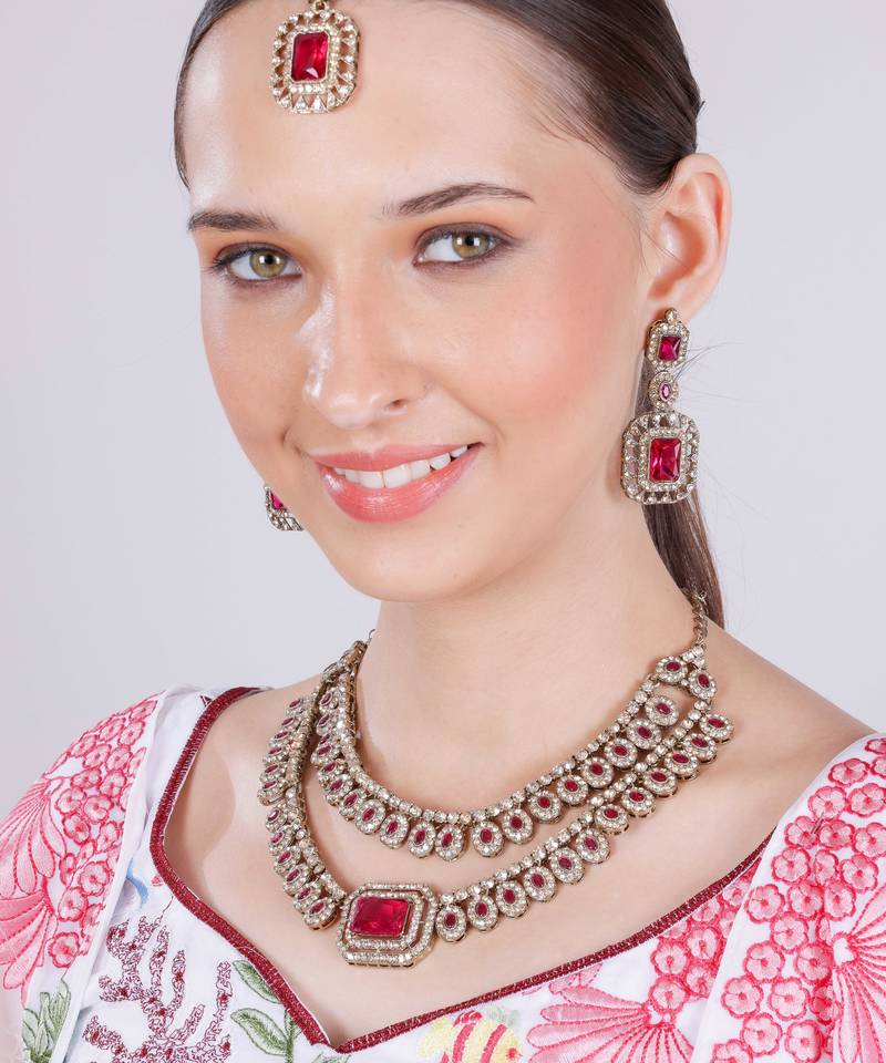Pink yellow gold premium designer american diamond and stone work necklace set