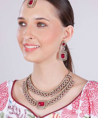 Pink yellow gold premium designer american diamond and stone work necklace set 2