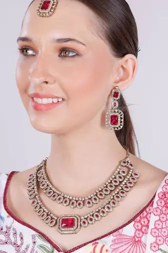 Pink yellow gold premium designer american diamond and stone work necklace set