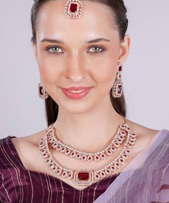 Maroon rose gold premium designer american diamond and stone work necklace set 1
