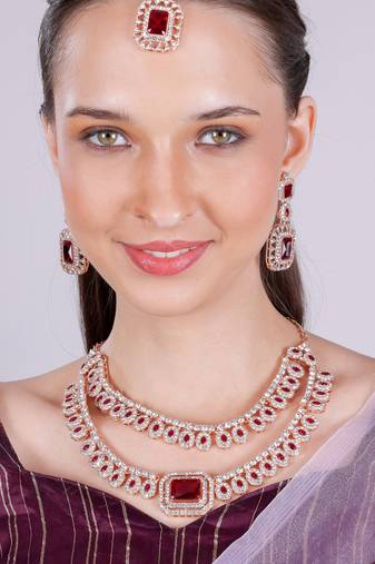 Maroon rose gold premium designer american diamond and stone work necklace set