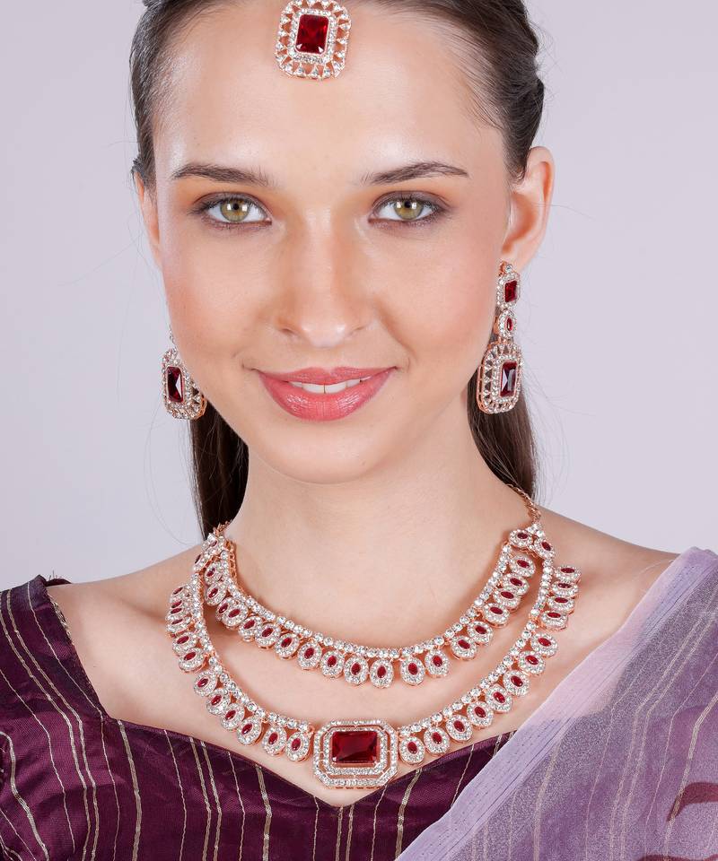 Maroon rose gold premium designer american diamond and stone work necklace set