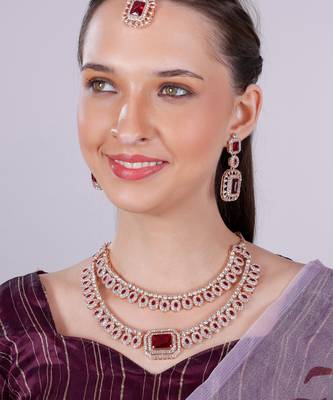Maroon rose gold premium designer american diamond and stone work necklace set 2