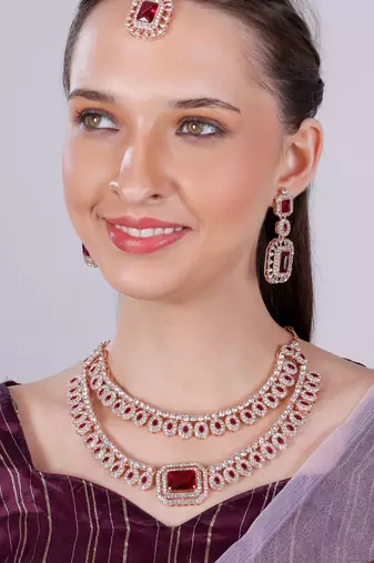Maroon rose gold premium designer american diamond and stone work necklace set