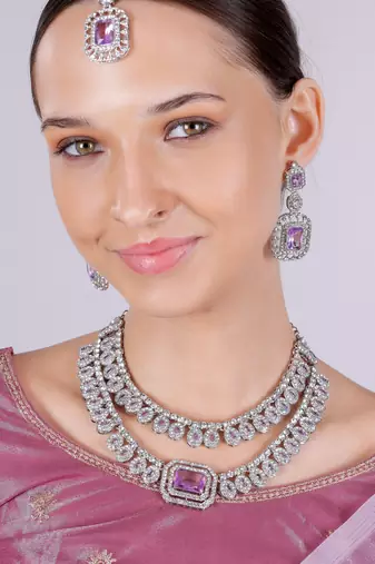 Purple rhodium premium designer american diamond and stone work necklace set