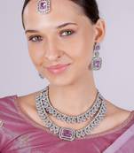 Purple rhodium premium designer american diamond and stone work necklace set