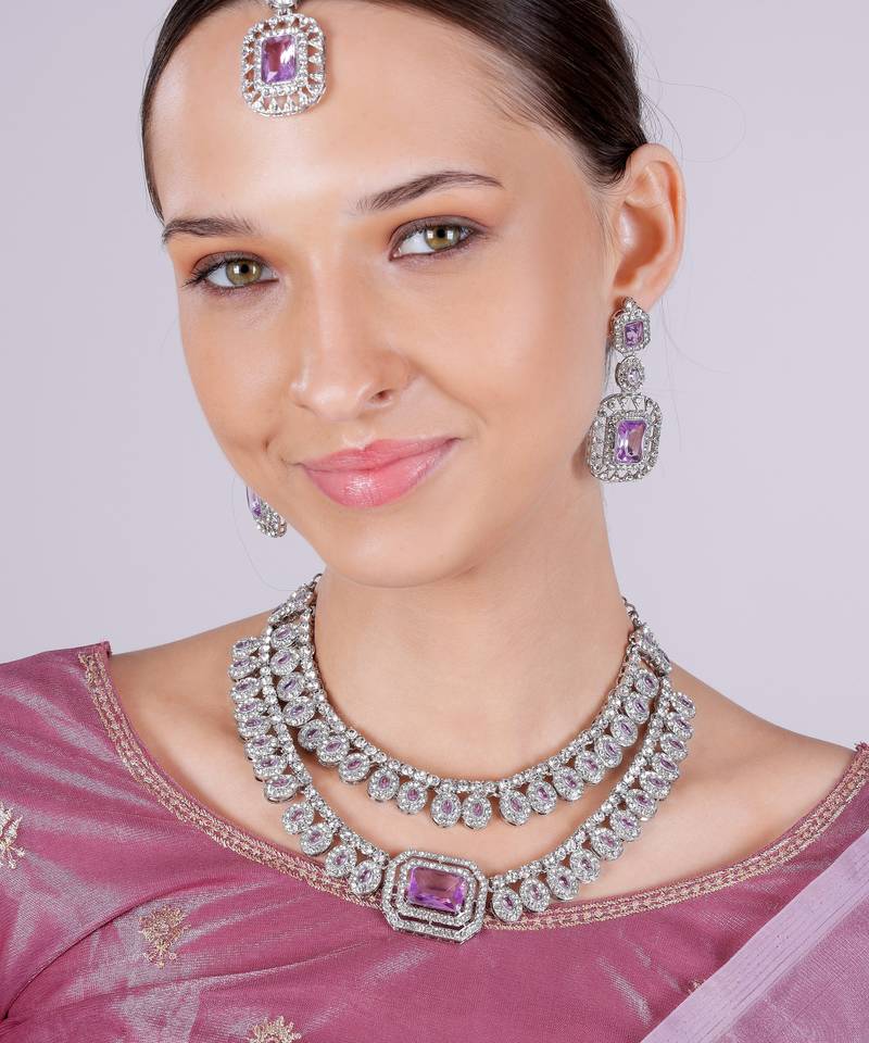 Purple rhodium premium designer american diamond and stone work necklace set
