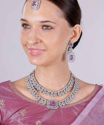 Purple rhodium premium designer american diamond and stone work necklace set 2