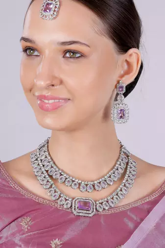 Purple rhodium premium designer american diamond and stone work necklace set