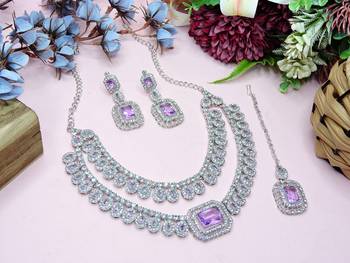 Purple rhodium premium designer american diamond and stone work necklace set 3