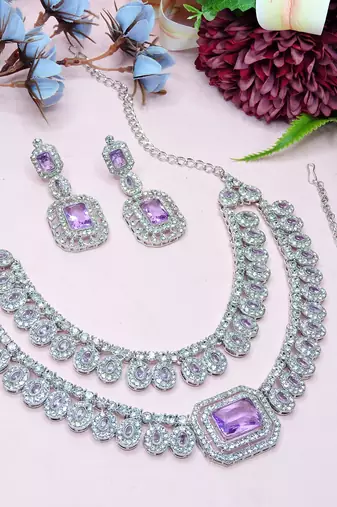 Purple rhodium premium designer american diamond and stone work necklace set