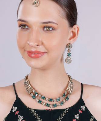 Green yellow gold premium designer american diamond and stone work necklace set 1