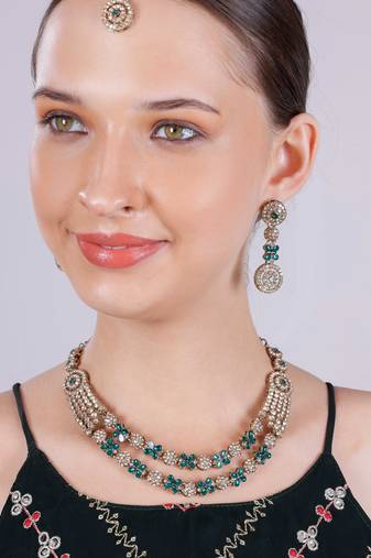 Green yellow gold premium designer american diamond and stone work necklace set