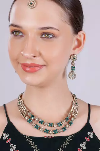 Green yellow gold premium designer american diamond and stone work necklace set