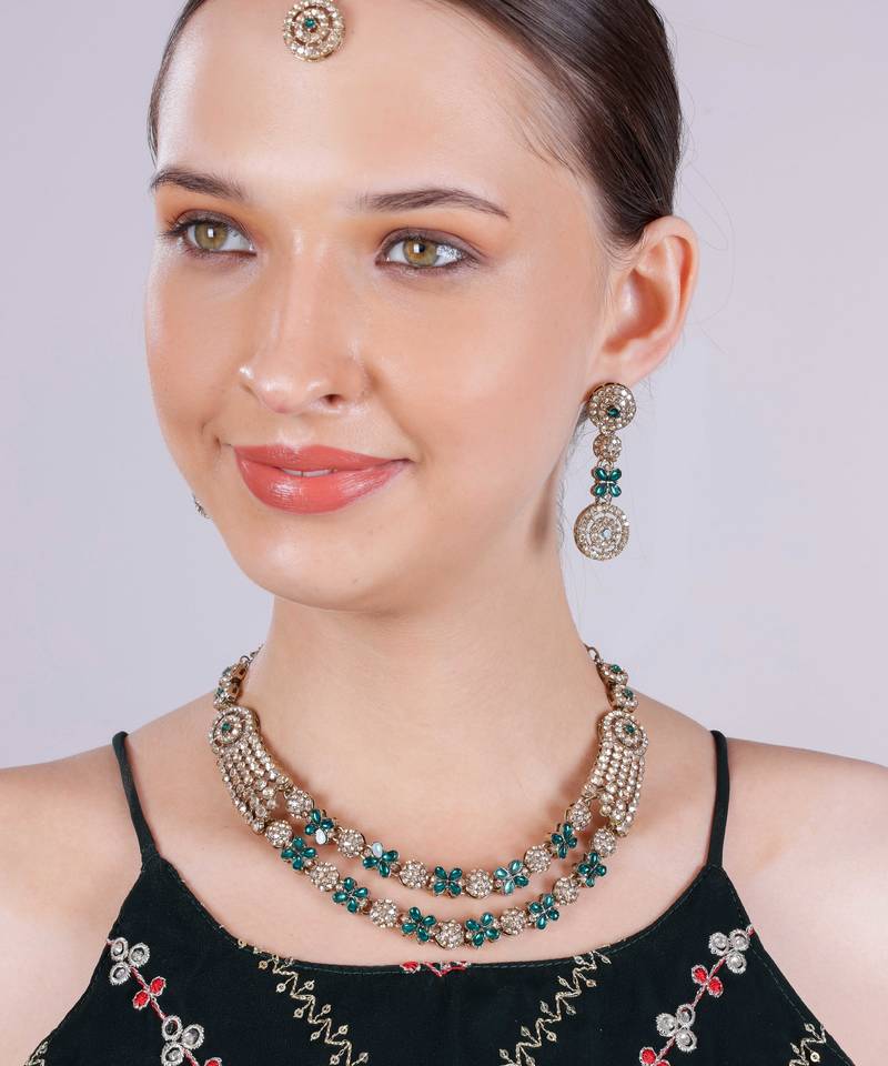 Green yellow gold premium designer american diamond and stone work necklace set