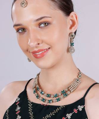 Green yellow gold premium designer american diamond and stone work necklace set 2