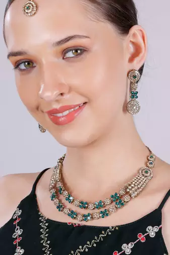 Green yellow gold premium designer american diamond and stone work necklace set